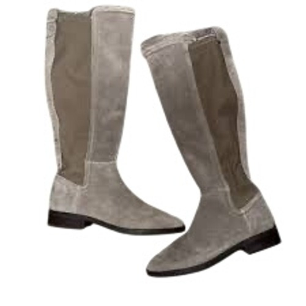 Marc Fisher Shiane Taupe Suede Tall Riding Boots Womens 8M Stretch Quiet Luxury